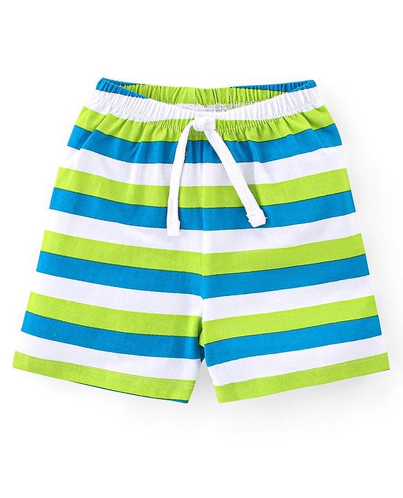 Babyhug Cotton Knit Striped & Starts Printed Shorts Pack of 3 - Green & Blue
