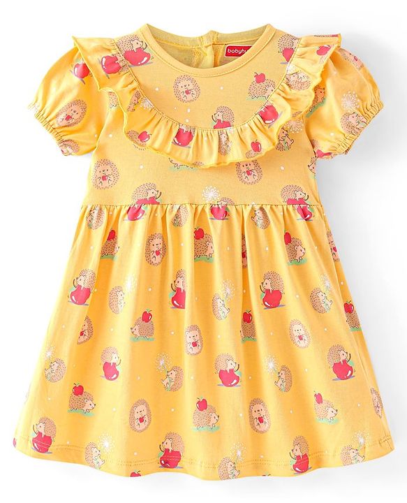 Babyhug Cotton Jersey Knit Half Sleeves Frock with Headband Heart and Porcupine Print  Pack of 2 - Pink & Yellow