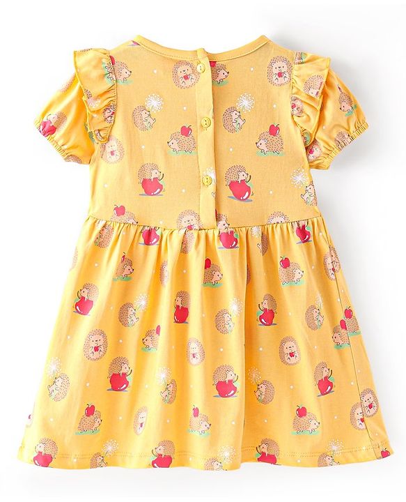 Babyhug Cotton Jersey Knit Half Sleeves Frock with Headband Heart and Porcupine Print  Pack of 2 - Pink & Yellow