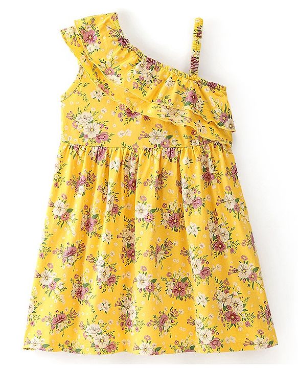 Babyhug 100% Cotton Jersey One Shoulder Frock With Floral Print - Yellow