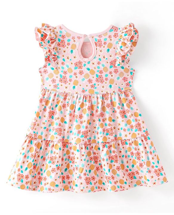 Babyhug 100% Cotton Jersey Frill Sleeves Frock with Floral Print With Bow Applique- Peach