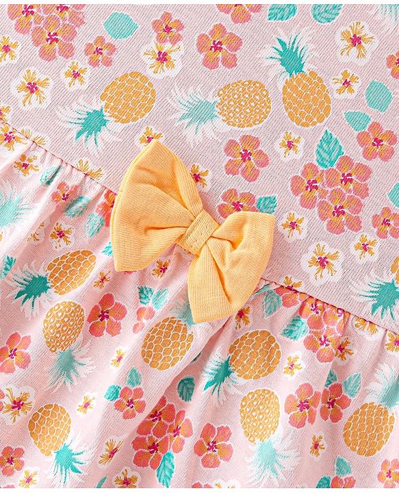 Babyhug 100% Cotton Jersey Frill Sleeves Frock with Floral Print With Bow Applique- Peach