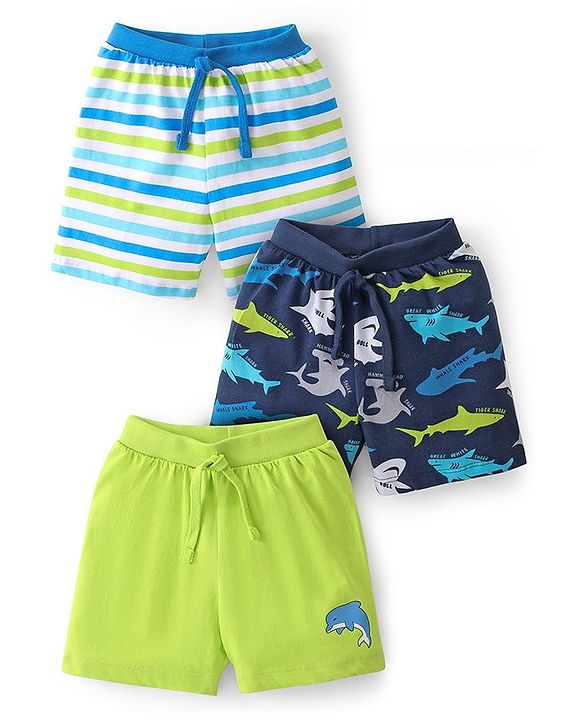 Babyhug Cotton Knit Striped & Shark Printed Shorts Pack of 3 - Green & Blue