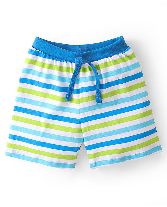 Babyhug Cotton Knit Striped & Shark Printed Shorts Pack of 3 - Green & Blue