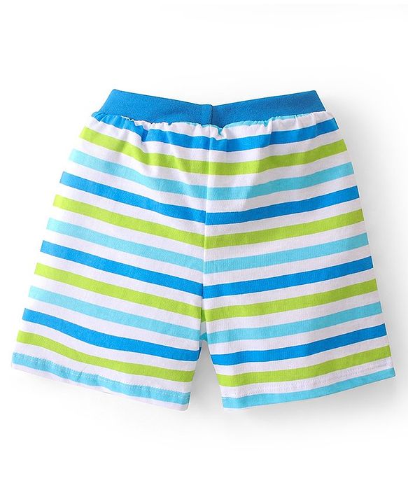 Babyhug Cotton Knit Striped & Shark Printed Shorts Pack of 3 - Green & Blue