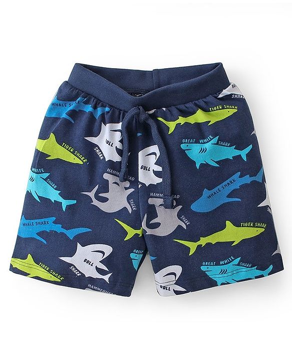 Babyhug Cotton Knit Striped & Shark Printed Shorts Pack of 3 - Green & Blue