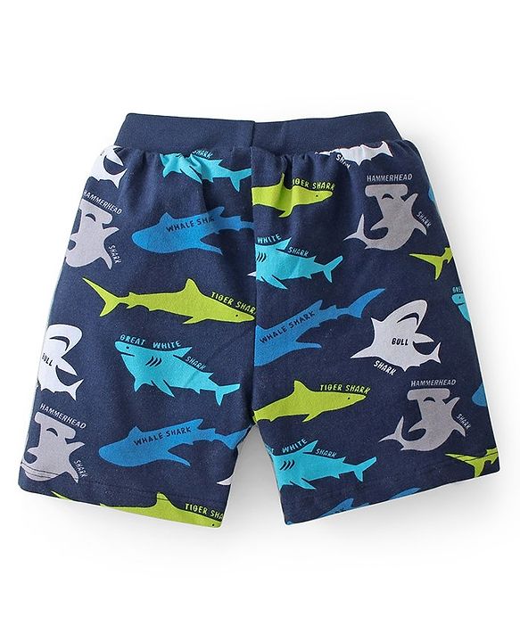 Babyhug Cotton Knit Striped & Shark Printed Shorts Pack of 3 - Green & Blue