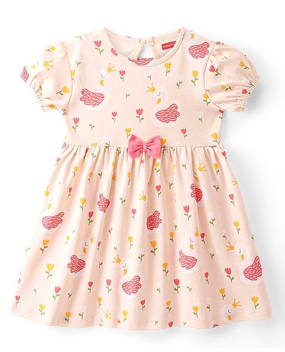 Babyhug 100% Cotton Jersey Knit Half Sleeves Frock With Bloomer Floral Print - Pink