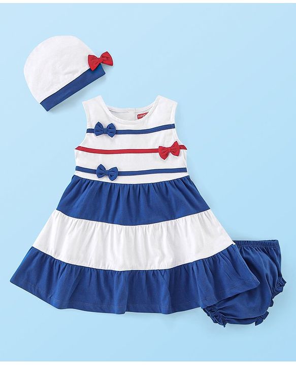 Babyhug 100% Cotton Jersey Knit Sleeveless Frock with Bloomer & Cap  -White & Blue