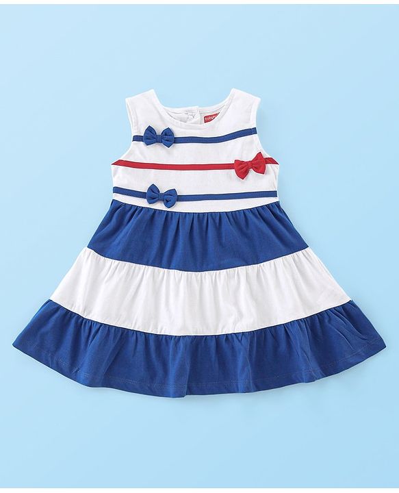 Babyhug 100% Cotton Jersey Knit Sleeveless Frock with Bloomer & Cap  -White & Blue