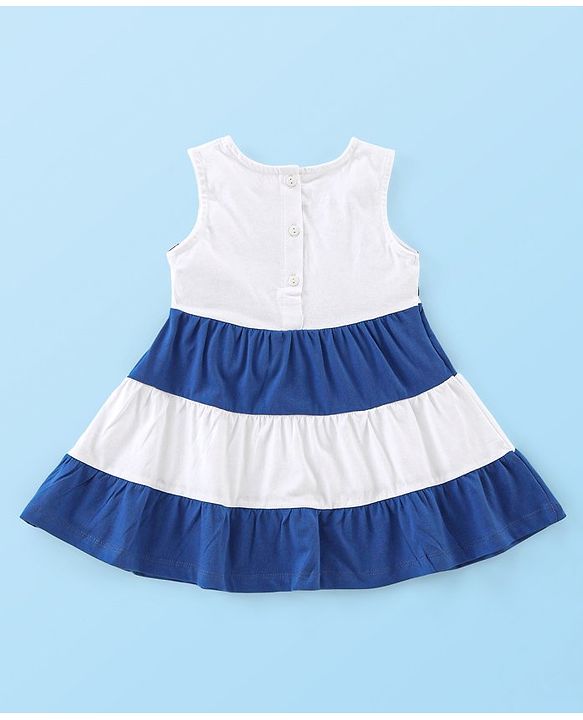 Babyhug 100% Cotton Jersey Knit Sleeveless Frock with Bloomer & Cap  -White & Blue