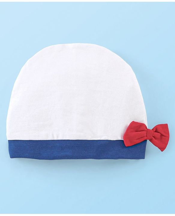 Babyhug 100% Cotton Jersey Knit Sleeveless Frock with Bloomer & Cap  -White & Blue