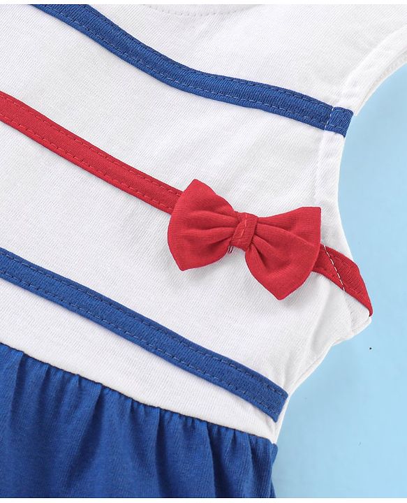 Babyhug 100% Cotton Jersey Knit Sleeveless Frock with Bloomer & Cap  -White & Blue