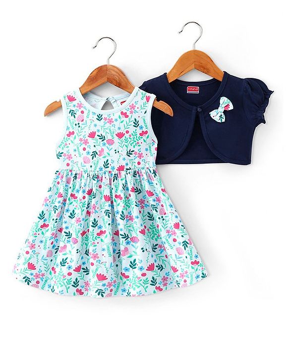 Babyhug 100% Cotton Knit Floral Printed Frock with Half Sleeves Shrug - Blue