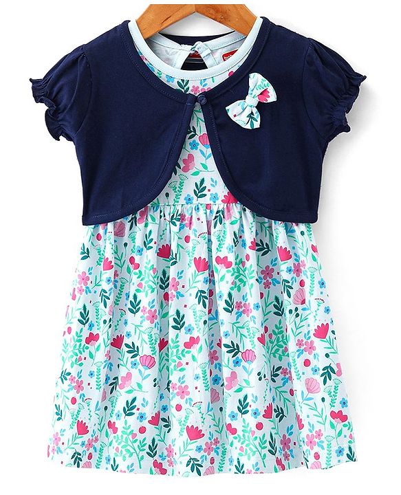 Babyhug 100% Cotton Knit Floral Printed Frock with Half Sleeves Shrug - Blue