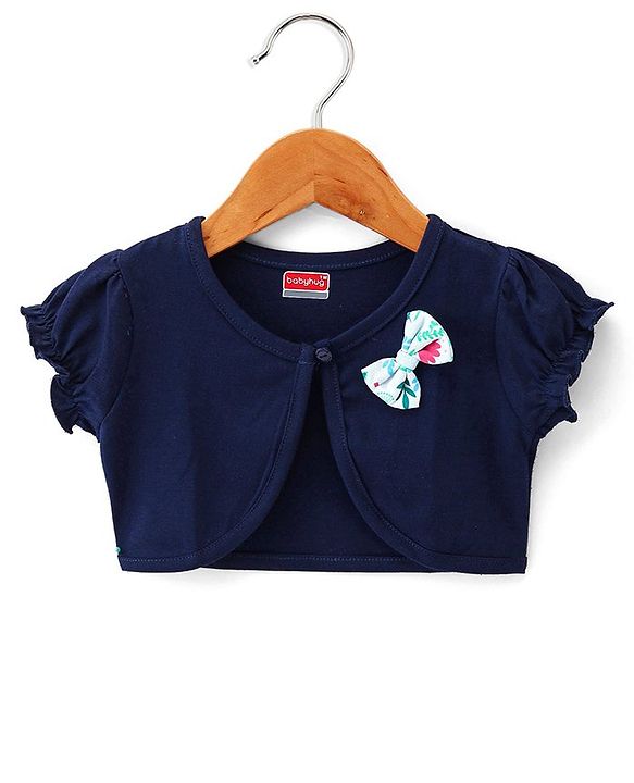 Babyhug 100% Cotton Knit Floral Printed Frock with Half Sleeves Shrug - Blue