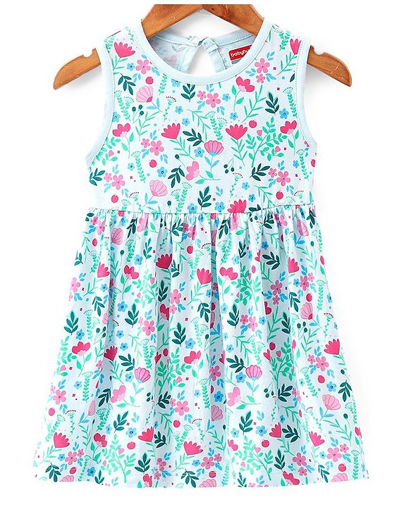 Babyhug 100% Cotton Knit Floral Printed Frock with Half Sleeves Shrug - Blue