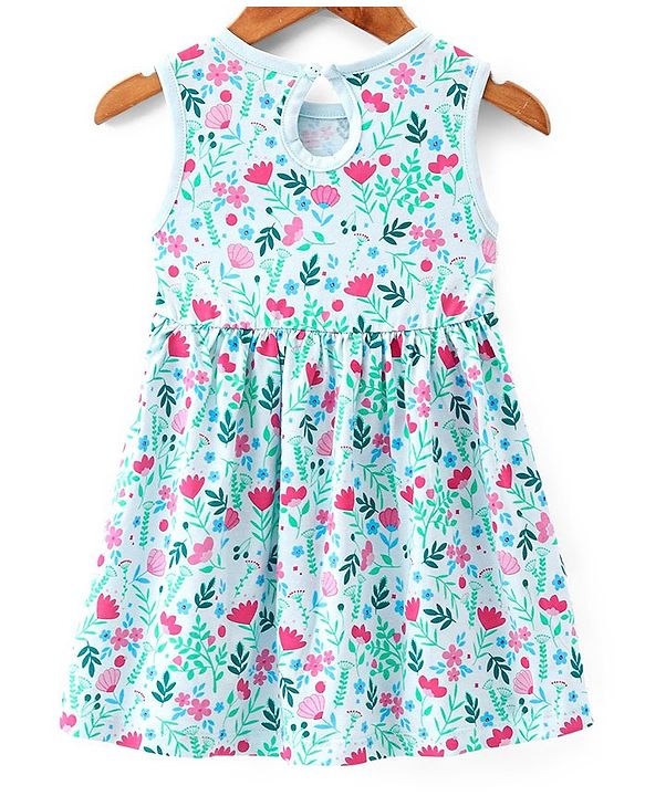 Babyhug 100% Cotton Knit Floral Printed Frock with Half Sleeves Shrug - Blue