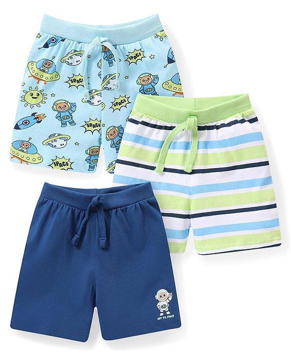 Babyhug Cotton Knit Space Shuttle Printed Shorts Pack of 3 - Multicolour