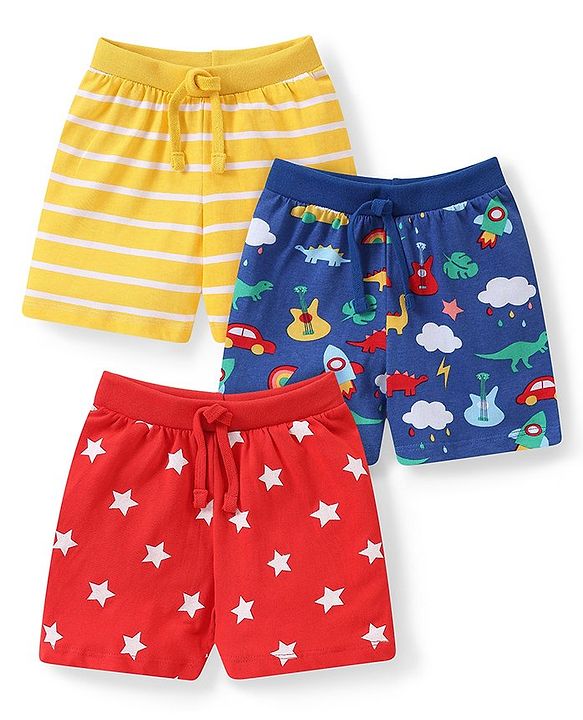 Babyhug Cotton Knit Dino & Stars Printed Shorts Pack of 3 - Multicolour