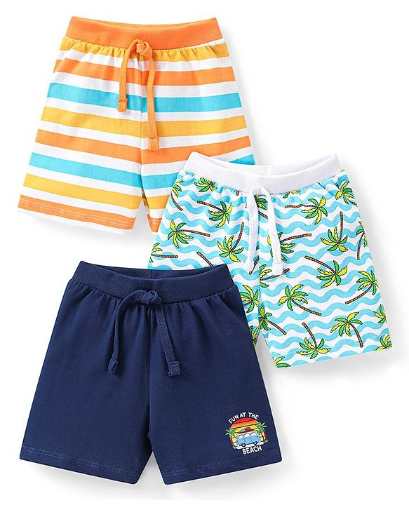 Babyhug Cotton Single Jersey Knit Shorts Striped & Palm Tree Print Pack of 3 - Multicolor