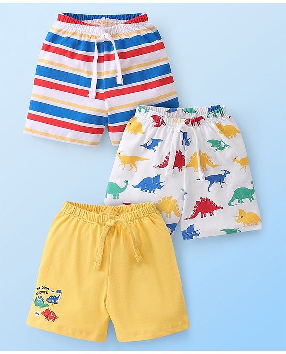 Babyhug Cotton Knit Striped & Dino Printed Shorts Pack of 3 - Multicolour