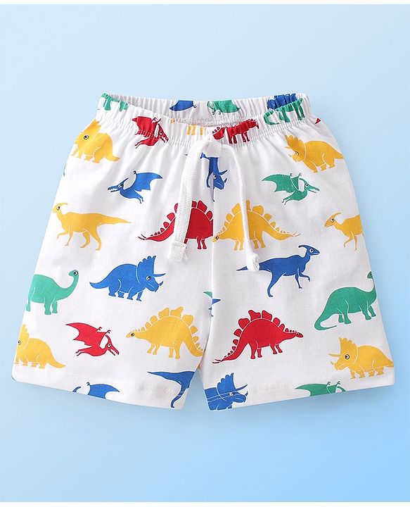 Babyhug Cotton Knit Striped & Dino Printed Shorts Pack of 3 - Multicolour