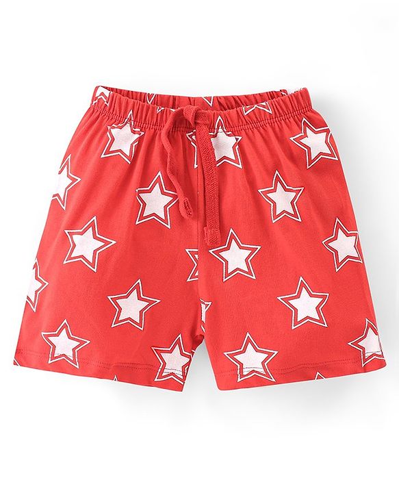 Babyhug Cotton Knit Single Jersey Shorts With Stars & Teddy Bear Print Pack Of 3 - Yellow Blue & Red