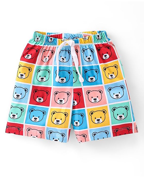 Babyhug Cotton Knit Single Jersey Shorts With Stars & Teddy Bear Print Pack Of 3 - Yellow Blue & Red