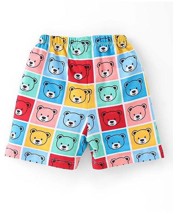 Babyhug Cotton Knit Single Jersey Shorts With Stars & Teddy Bear Print Pack Of 3 - Yellow Blue & Red