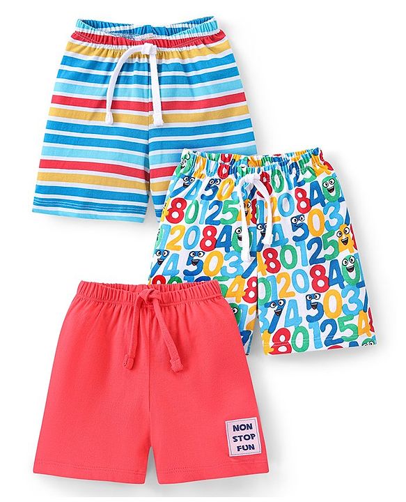 Babyhug Cotton Knit Numbers Printed Shorts Pack of 3 - Multicolour