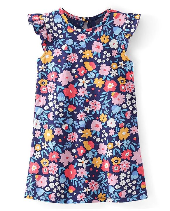 Babyhug Cotton Knit Flutter Sleeve Nighty Floral Print - Navy Blue