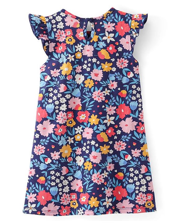Babyhug Cotton Knit Flutter Sleeve Nighty Floral Print - Navy Blue