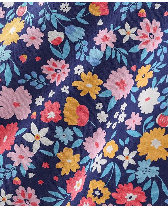 Babyhug Cotton Knit Flutter Sleeve Nighty Floral Print - Navy Blue