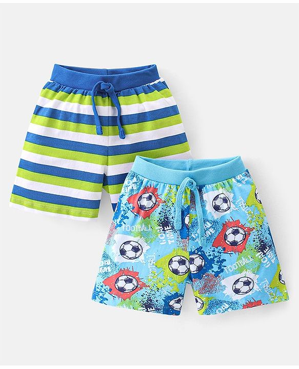 Babyhug Cotton Single Jersey Knit Shorts Stripes & Football Print Pack Of 2 - Blue & Green