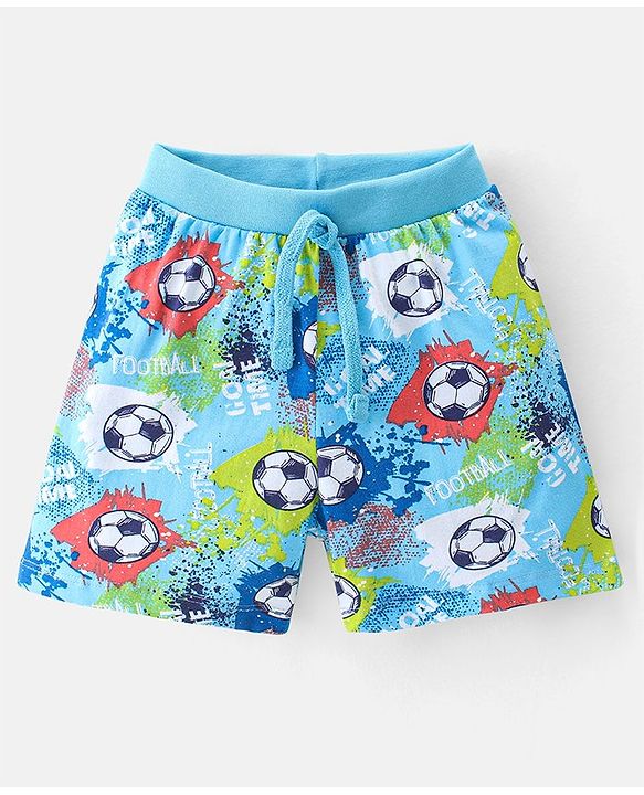 Babyhug Cotton Single Jersey Knit Shorts Stripes & Football Print Pack Of 2 - Blue & Green