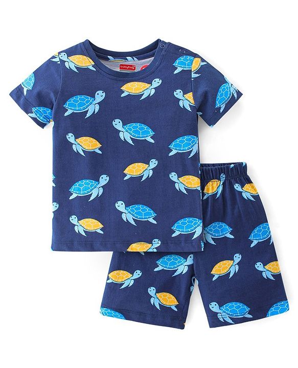 Babyhug Cotton Knit Half Sleeves Night Suit Turtle Print- Navy Blue