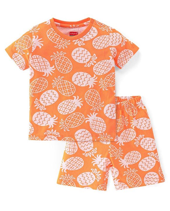 Babyhug Cotton Single Jersey Knit Half Sleeves Night Suit Pineapple Print - Orange