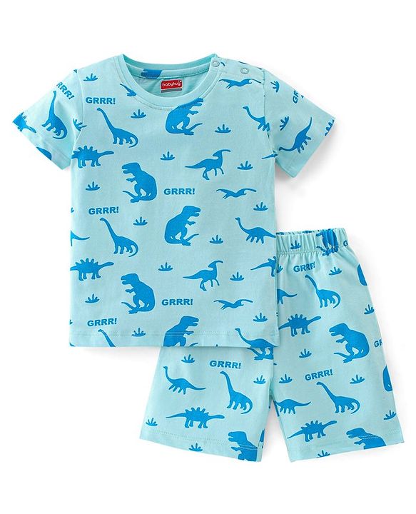 Babyhug Cotton Knit Half Sleeves Night Suit Dino & Text Print- Blue