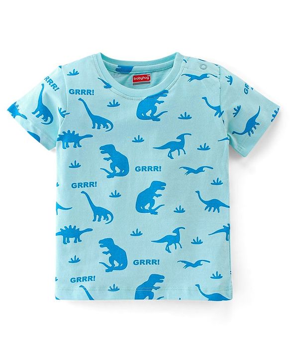 Babyhug Cotton Knit Half Sleeves Night Suit Dino & Text Print- Blue