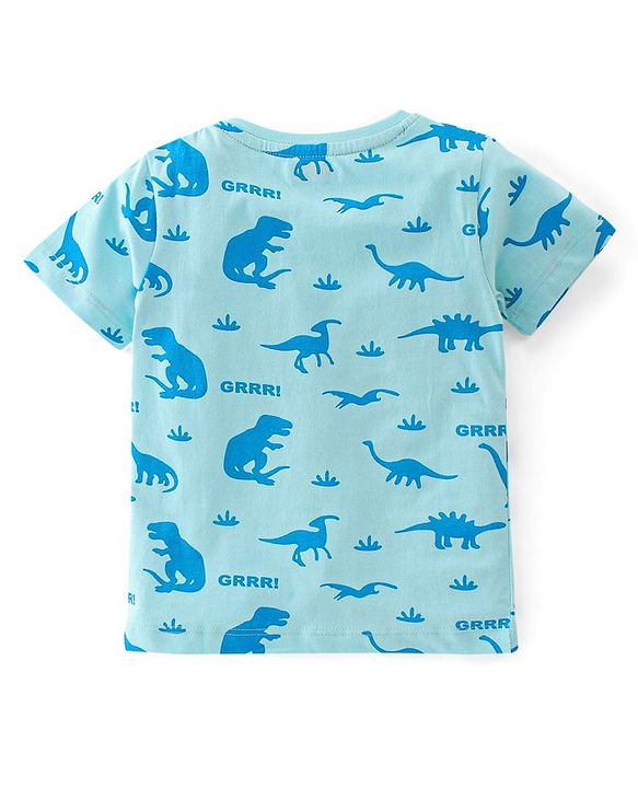 Babyhug Cotton Knit Half Sleeves Night Suit Dino & Text Print- Blue