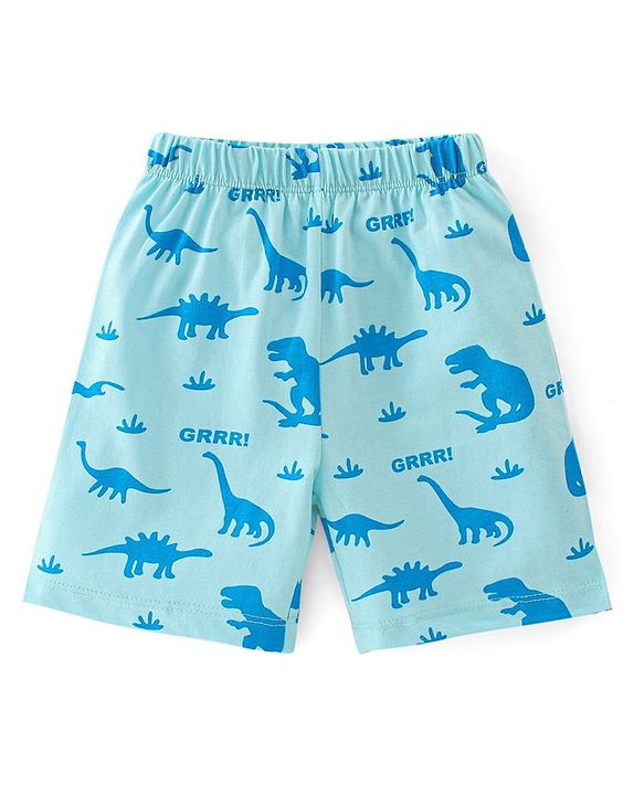 Babyhug Cotton Knit Half Sleeves Night Suit Dino & Text Print- Blue