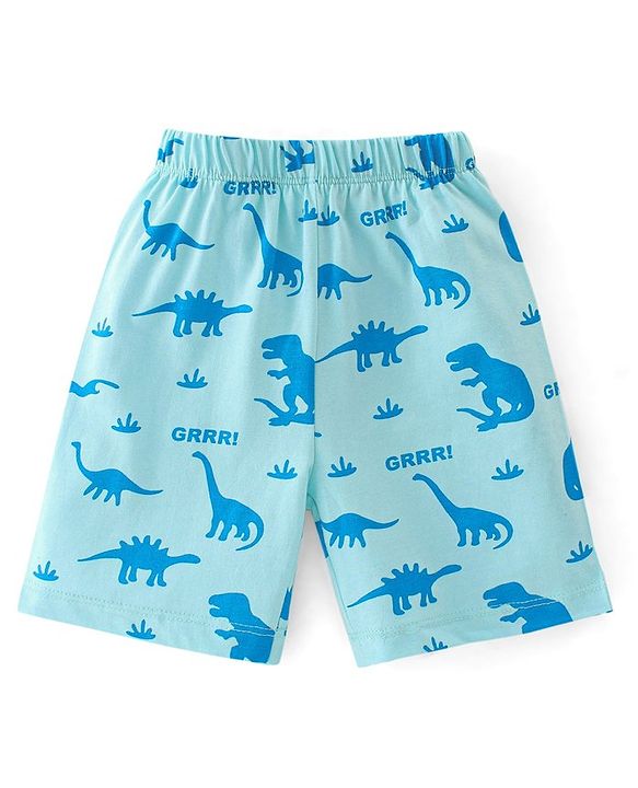 Babyhug Cotton Knit Half Sleeves Night Suit Dino & Text Print- Blue