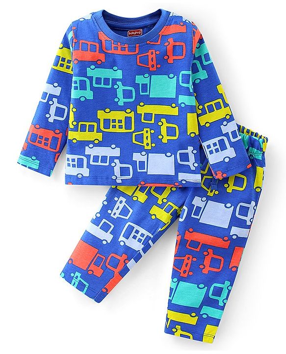 Babyhug Cotton Knit Full Sleeves Night Suit With Bus Print - Blue