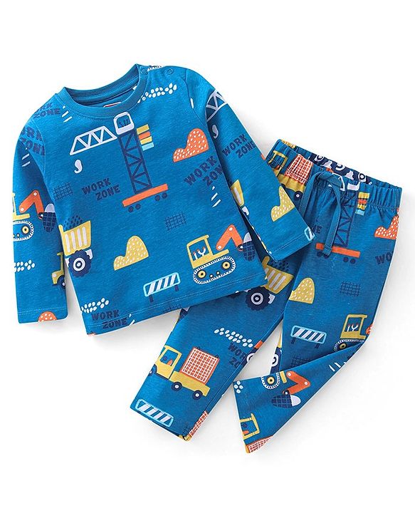 Babyhug Cotton Knit Full Sleeves Night Suit With JCB Print - Blue