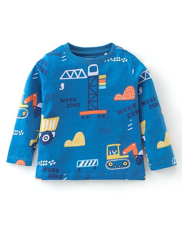 Babyhug Cotton Knit Full Sleeves Night Suit With JCB Print - Blue