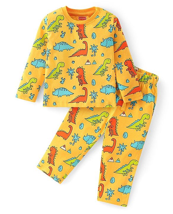 Babyhug Cotton Knit Full Sleeves Night Suit With Dino Print - Yellow