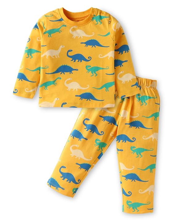 Babyhug Cotton Single Jersey Knit Full Sleeves Night Suit Dino Print - Yellow