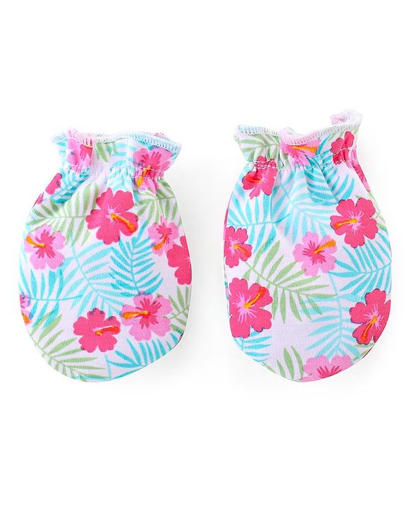 Babyhug 100% Cotton Knit Mittens Pack of 3 Floral Print - Multicolor