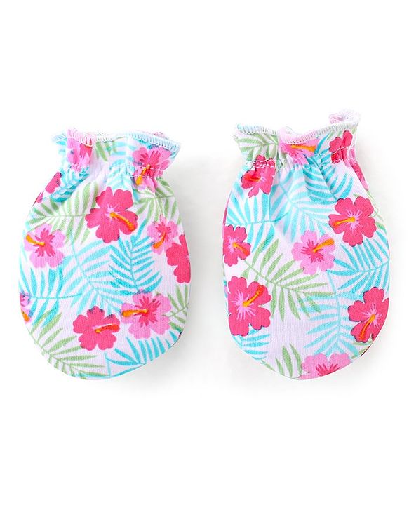 Babyhug 100% Cotton Knit Mittens Pack of 3 Floral Print - Multicolor